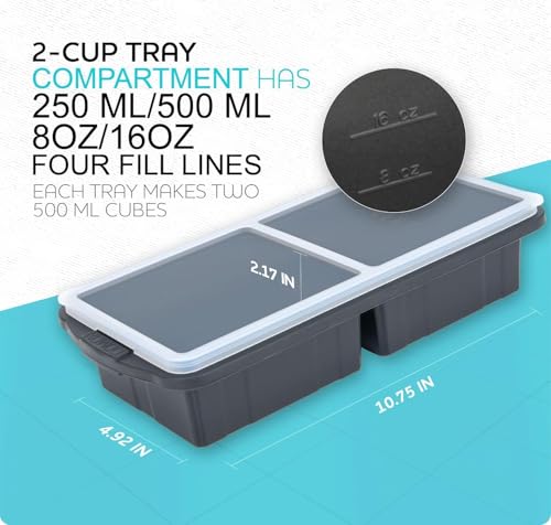 Image of Silicone Freezer Tray With Lid-Soup Freezer Container molds-Large Ice Cube Tray Set Makes 2-Cup & 1 /2-Cup portions cubes Perfect for preparing meals in different portion sizes Oven & Dishwasher -Safe