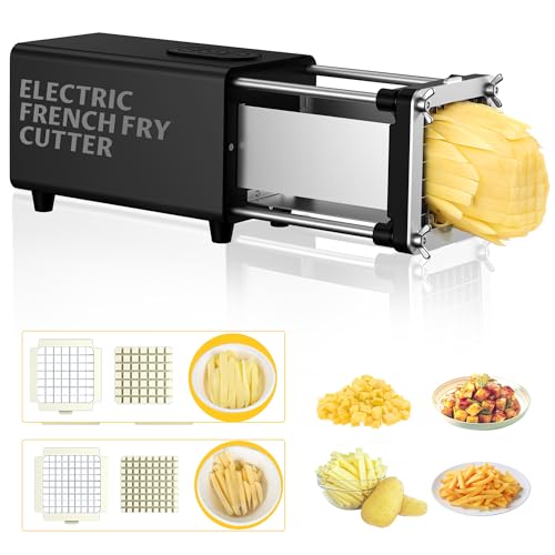 YOTAN Electric French Fry Cutter, French Fry Cutter with 1/2 & 3/8 Inch Blade, Commercial and Household Electric Potato Cutter, Automatic Potato Slicer, Vegetable Cutter, House Warming Gifts (Black)