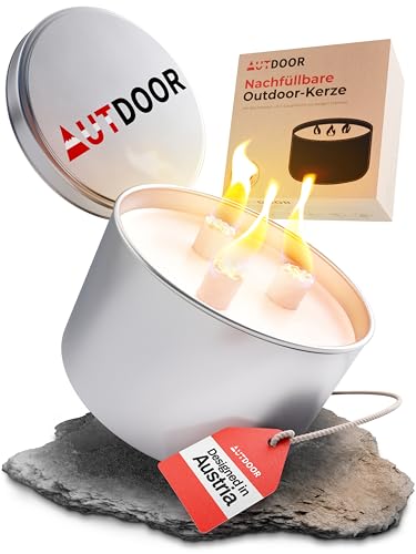 AUTDOOR® Outdoor Kerze mit Dauerdocht und nachhaltigem Sojawachs - Dauerkerze nachfüllbar mit Kerzenresten zu Wachsfresser, Schmelzfeuer, Tischkamin oder Mini Lagerfeuer - Camping Zubehör Feuerschale