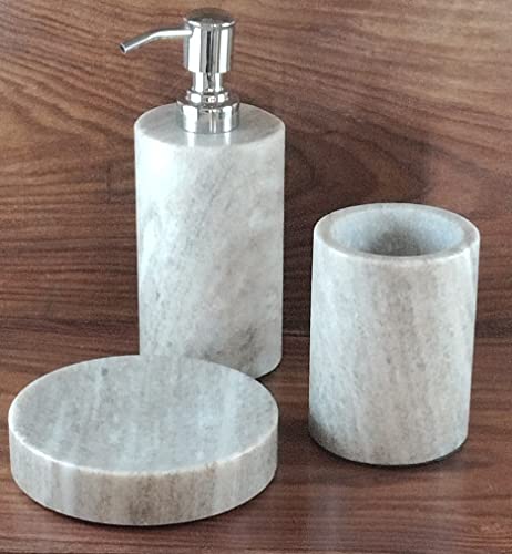 Image of Marble Soap Dispenser, Tumbler & Soap Dish for Bathroom & Kitchen Accessories - Set of 3 (Square, White) Handwash /Shampoo /Lotion /Toothbrush Holder | Liquid Soap Container for Counter Top