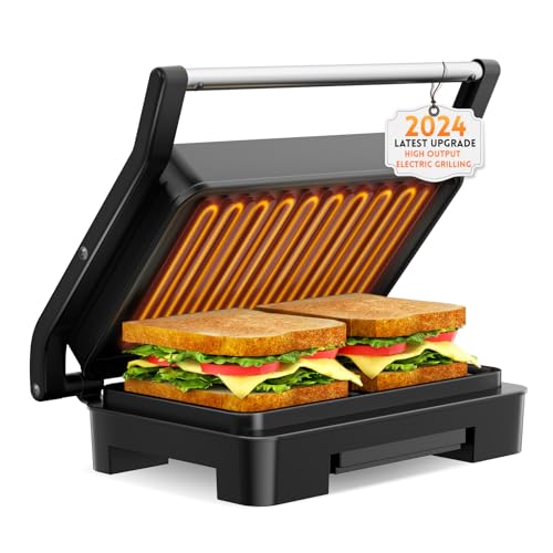 Panini Press Sandwich Maker, Electric Indoor Grill and Panini maker with Non-Stick Coated Plates, Grid Surface for Egg, Ham, Steaks Compact Electric Grill (Premium Black)