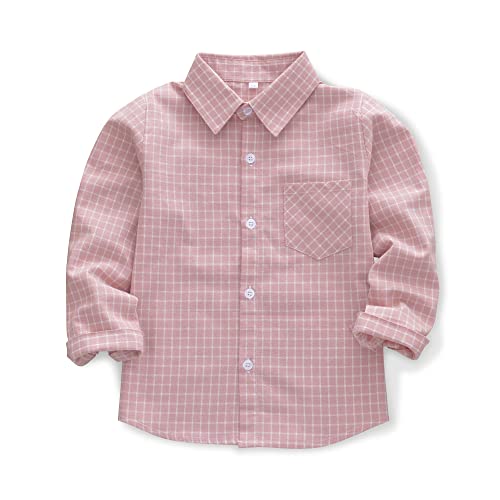 OCHENTA Toddler Boys Plaid Flannel Button Down Shirt Long Sleeve Casual Dress Tops Pink 110CM - 3T