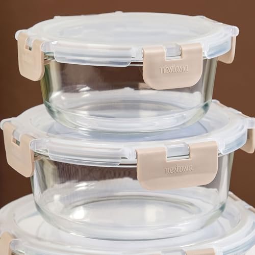 Image of Nestasia Nestro Airtight Glass Containers with Lid Set of 3 (400ml, 600ml, 950ml) | Spill Proof Round Glass Containers with Break Free Lock - Microwave, Dishwasher & Freezer Safe (Beige)