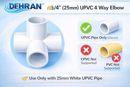 Image of DEHRAN UPVC 4-way Elbow 3 /4 inch inchi (25MM) Pipe Joint /Corner Heavy Duty UPVC Available for Greenhouse, Tent Connection,Furniture and Plumbing Projects White Color (5)
