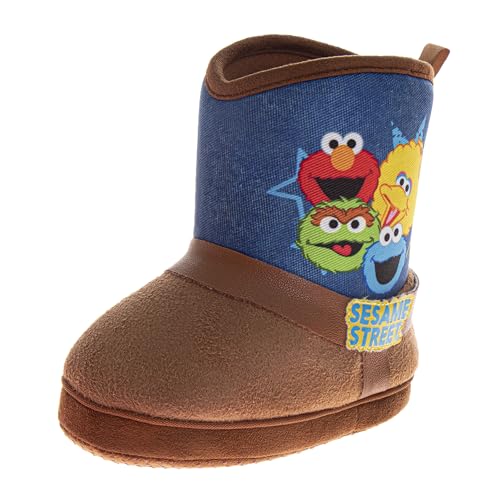 Sesame Street Slipper Boot PJ House Shoes - Elmo Cookie Monster Big Bird Oscar the Grouch Slippers PJ Boots - Brown Blue (size 9-10 Toddler)
