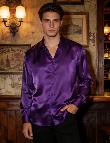 Image of Hi-Tie Men's Silk Satin Dress Shirts Long Sleeve Shiny Casual Button Up Shirts Luxury Party Disco Prom Wedding Shirt