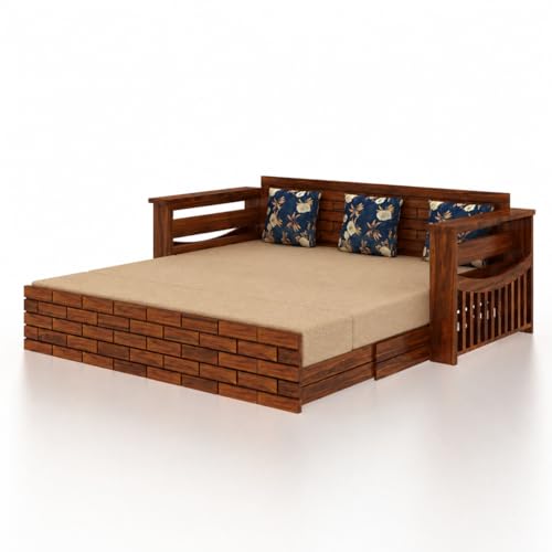 Image of Ganpati Arts Solid Sheesham Wood 3 Seater Italian Sofa Cum Bed with Storage and Side Pockets for Living Room Wooden Sofa Bed for Home - Natural Finish 1 Year Warranty, 3-Person Sofa (Beige)