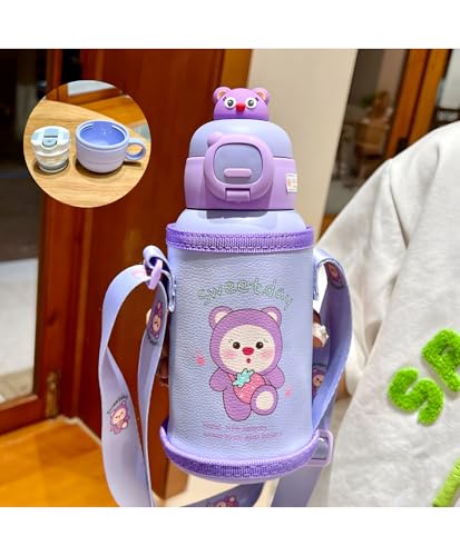 Image of Kids Stainless Steel Insulated Flask - 500ml Double Wall Vacuum Water Bottle, Leak Resistant Hot & Cold School Travel Drink Container for Boys & Girls - Purple
