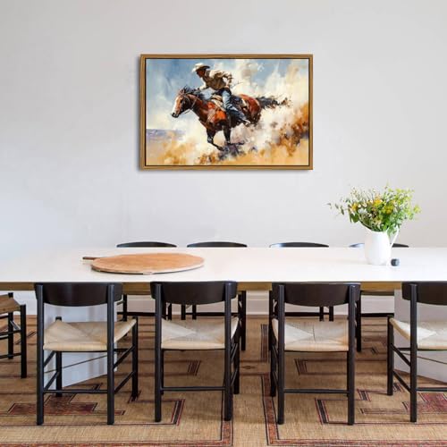 Image of Western Wall Art Retro Cowboy Framed Wall Art Cowboy Riding Horse Canvas Prints Vintage Farmhouse Western Rodeo Wall Decor for Living Room Bedroom Office Rustic Country Artwork Home Decorations 24x36