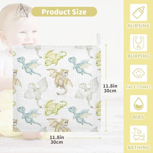 Image of vvfelixl Watercolor Dragons Cartoon Style Baby Burp Cloths Baby Muslin Washcloths for Boys Girls Cotton Baby Face Towel for Newborn Infants Soft and Absorbent 11.8 X 11.8 in, 5 Pack