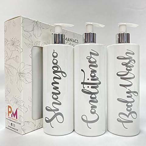 Print Maniacs 3 Set Mrs Hinch Inspired White Personalised Dispenser Pump Bottles Shampoo Conditioner Body Wash (Matt Silver) Cover