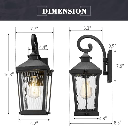 Image of zeyu 16 Inch Outdoor Wall Lighting, Modern Black Exterior 1-Light Wall Lamp for Porch Backyard, Die-Cast Aluminum with Water Ripple Glass, Black Finish, ZW105B BK-SW