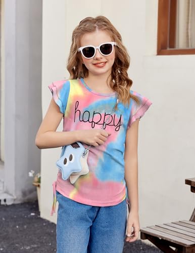 Image of Arshiner Girls T Shirts Ruffle Short Sleeve Ruched Knot Side Tunic Blouse Summer Tee Tops