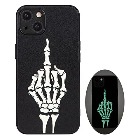 X spirit Skull Phone Case for iPhone 14, Skeleton Middle Finger, Cool Goth Gothic Edgy Emo Design, Rock n Roll, Glow in The Dark, Leather Finish (iPh 14-Middle Finger) Cover