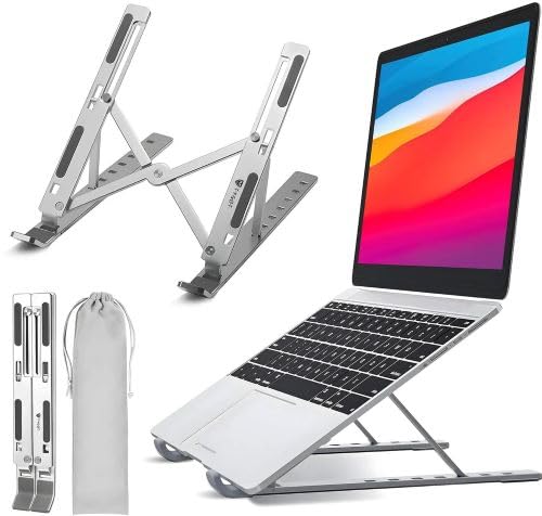 Image of Foldable Aluminium Laptop Stand with Carry Bag, Silver | Adjustable Height, Portable Design, Non-Slip Base, Fits Up to 15.6 inch, Includes Storage Pouch