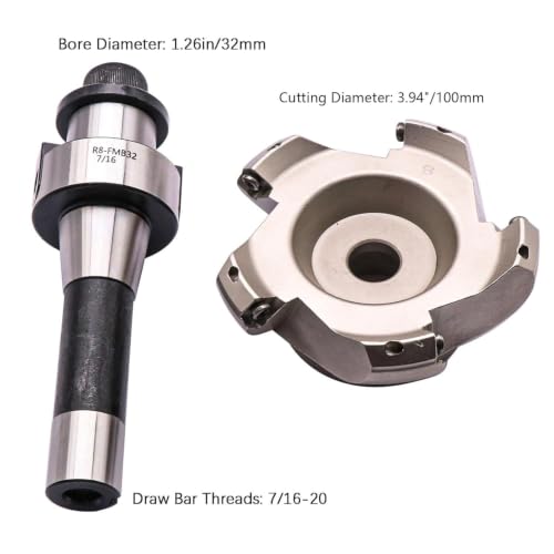 Image of 3.94 inch /100mm Cut Dia 5-Flute KM12 100-32-5T Face Mill Shell Cutter Set | 45 Indexable Face Mill, R8 FMB32 7 /16-20UNF Shank Face End Mill Arbor with 10Pcs SEKT1204 Carbide Inserts and T20 Wrench
