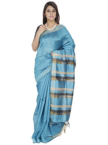 Romi's Pure Tussar Silk Handloom Saree (Blue with broad striped pallu)