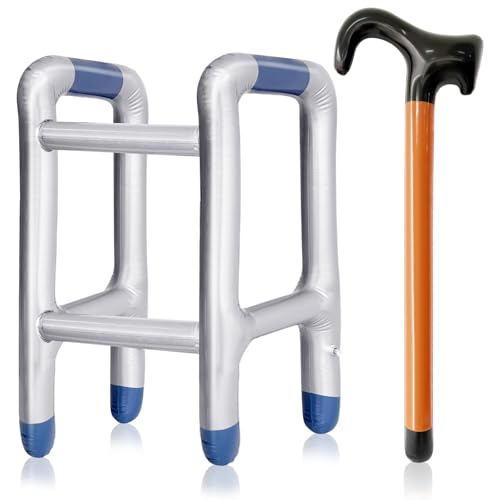 2Pcs Inflatable Walker and Cane Funny Old Age Costume Accessories Fake Cane Blow Up Toy Cane Prop for Halloween Christmas Retirement Party Decorations