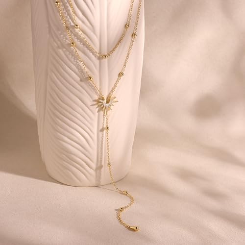 Image of CHESKY Long Necklaces for Women, 14k Gold Plated /Streling Silver Lariat Necklace Dainty Statement Prom Necklace Rosary Cross Sun Drop Pendant Dangle Necklace Gold Prom Jewelry for Women Gifts