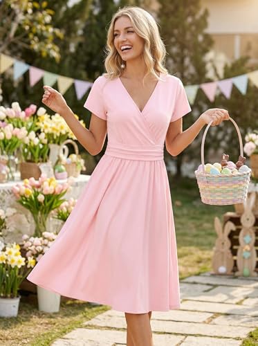 Image of OUGES Casual Summer Dress for Women Wrap V Neck A Line Midi Dresses with Pockets