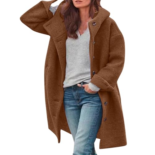 Wollmantel Damen Winter Lang - Übergangsmantel Mit Kapuze Trenchcoat Elegante Wintermantel Einfarbig Freizeitjacke Mit Taschen Flauschig Kuscheljacke Teddy Fleecejacke...