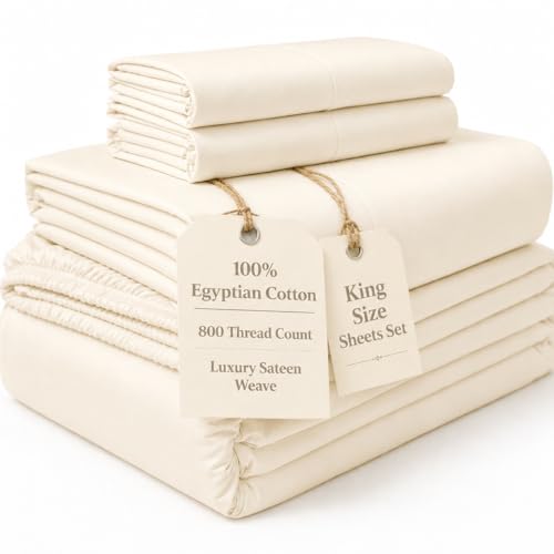 Image of Egyptian Cotton King Size Sheets Set, Sateen Weave King Sheets Set - Ivory | 15 inch Deep Pocket Sheet & Pillowcases, 800 Thread Count, 4-Piece, Silky Soft & Naturally Cooling, OEKO-TEX Certified Bedding