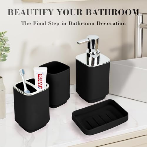 4Pack Bathroom Accessories Set, Bohemian Bathroom Sink Set, Contain Soap Dispenser, Toothbrush Holder, Soap Dish & Mouthwash Cup,Square soap and Toothbrush Holder Set (Black)