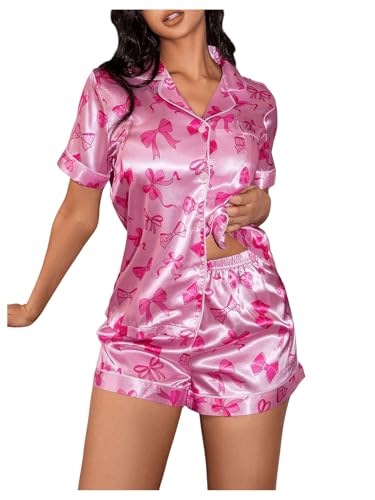 SHENHE Women's Satin Pajama Set Bow Graphic Button Down Short Sleeve Shirt and Shorts Cute Pj Set Pink Small