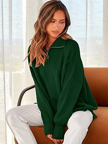 Image of ANRABESS Womens Oversized Quarter Zip Pullover Sweaters | Fall Fashion Outfits, Long Sleeve Slit Side, Baggy Loose Fit, 1 /4 Zip Lapel Collared, Ribbed Knit Soft Warm Winter Clothing