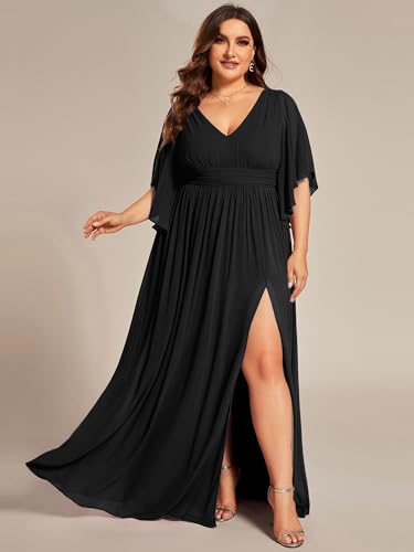 Image of Ever-Pretty Plus Women's Plus Size V Neck Half Sleeves Slit A Line Floor Length Bridesmaid Dress 01886-DA