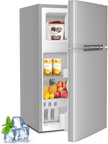 Image of Kismile 3.2 Cu.Ft Mini Fridge with Freezer, Compact Refrigerator, Grey | Removable Shelves, Two Doors, Adjustable Temperature, Perfect for Bedroom, Apartment, Office, Dorm