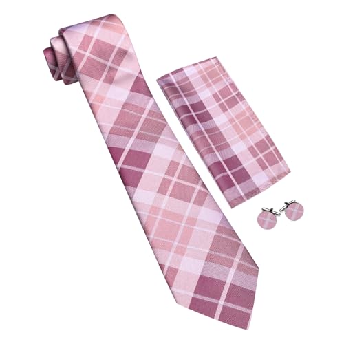 Image of Barry.Wang Plaid Ties Check Mens Necktie Set with Handkerchief Cufflinks Classic Stripe