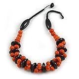 Fermeture : bouton et boucle Avalaya Collier en coton avec grosses perles en bois orange/noir – 48 cm de long
