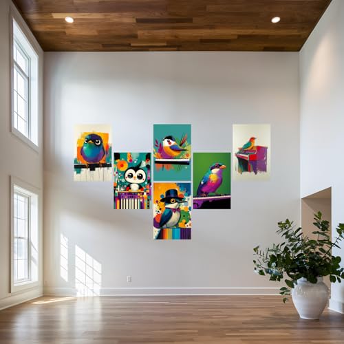 Image of SiddArtify Colorful Bird Wall Art Prints Set - Modern Animal Poster Decor for Living Room Bedroom Office - 8x12 Sticker Pack of 6