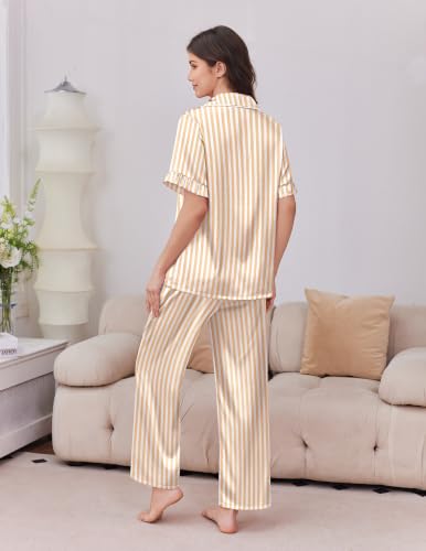 Image of Ekouaer Silk Satin Pajamas for Women Set 2 Piece Short Sleeve Button Up Pjs
