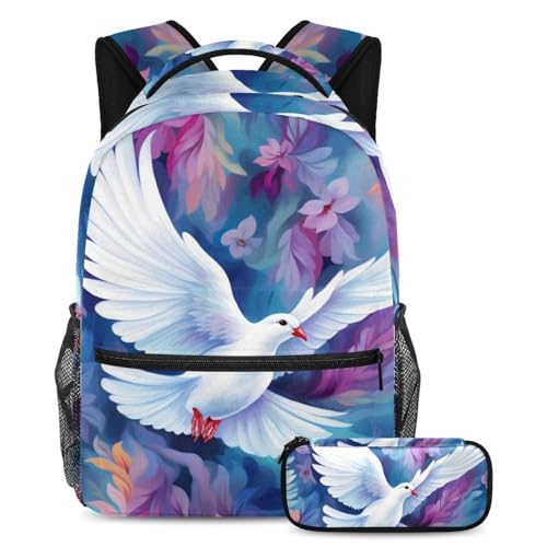 Sac à dos avec trousse à crayons motif colombes de la paix blanches pour élève
