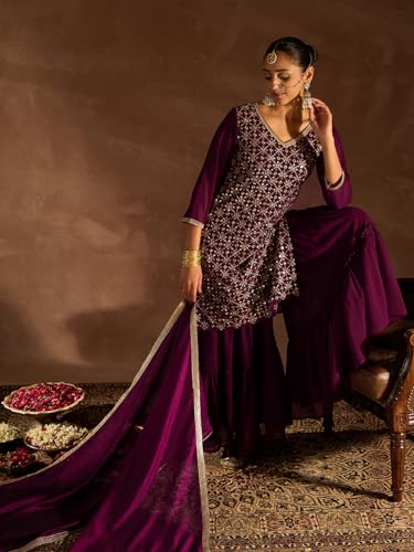 Image of INDO ERA Women's Embroidered Georgette Knee Length Straight Kurta & Sharara With Dupatta Set (SHTUR7823)