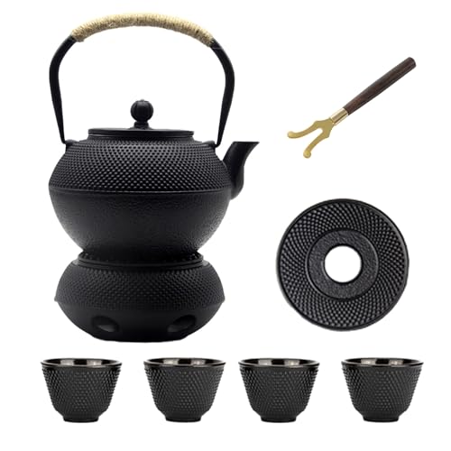 YJX 40.6oz Cast Iron Teapot Set with Warmer, Japanese Tea Set for Stovetop, 1200ml Black Tea Pot and Tea Cups Set, Tea Kettle with Infuser for Loose Leaves, Enameled Asian Teapot Sets for Adults