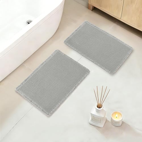 Set of 2 Waffle Bath Mat 16"x24" Boho Soft Bathroom Rugs Farmhouse Grey
