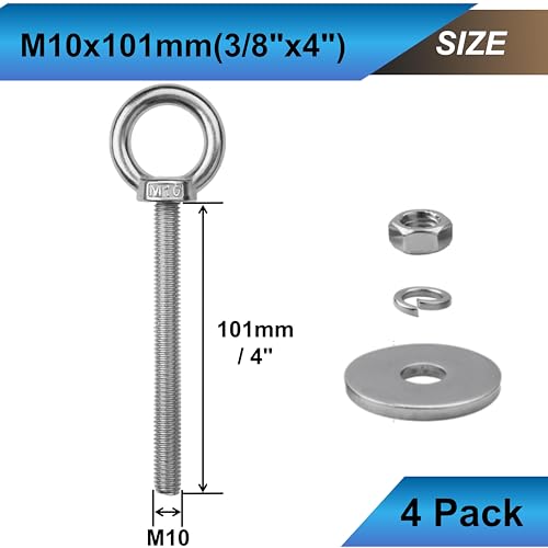 Image of 4 Pack M10 Eye Bolts with Nuts, 304 Stainless Steel 3 /8 inch x 4 inch Heavy Duty Lifting Eye Bolts, Metric M10x102mm Ring Eye Bolt for Hanging, Tie Down, Outdoor & Hardware Fixing (4, 3 /8 inchx4 inch)