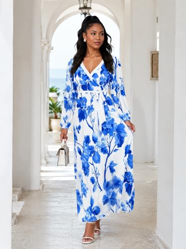 Image of PinkPatty Plus Size Dresses for Curvy Women V Neck Flowy Long Sleeves Wrap Maxi Dress Travel Vacation Outfits