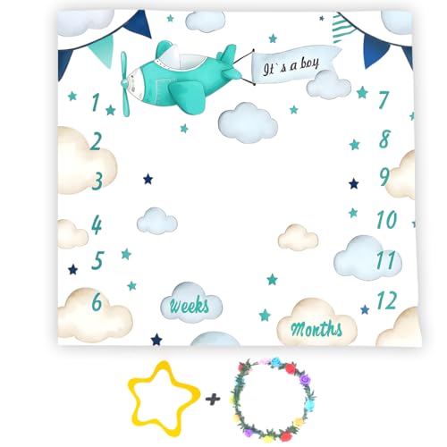 Image of Airplane Theme Baby Monthly Milestone Blanket for Boys, Soft Flannel Aircraft Pilot Cloud Stars Pattern Photography Prop Baby Shower Age Newborn Mom Gifts Nursery Decor (Turquoise, 48x48in)