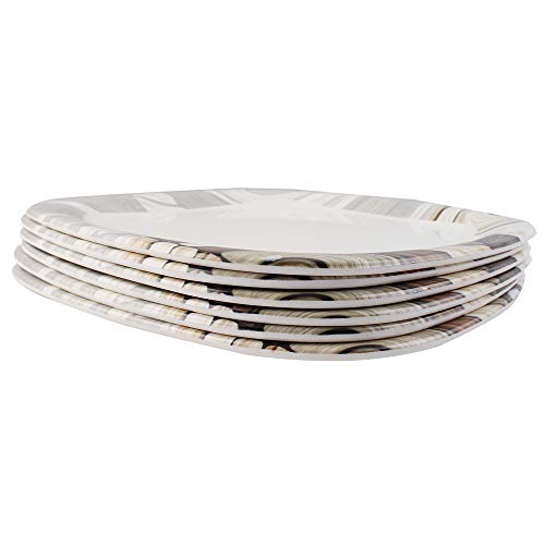 Image of Golden Fish Plastic Unbreakable Border Square Full Dinner Plates (White, Brown) -Set of 6