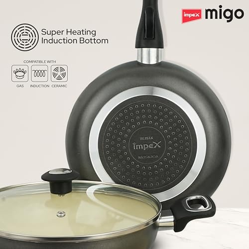 Image of Impex Ceramic Cookware Set | 6 Pc Induction Base Non Stick | Kadai Pan With Lid, Fry Pan, Tawa Pan and 2 Spatulas | Free From PTFE, PFOA and Heavy Metals| 100% Non Toxic | 2 Year Warranty, Grey