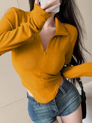 Image of Istyle Can Women's Top Solid Long Sleeve Ribbed Asymmetric Hem Casual T-Shirt with Zipper Collar. Full Sleeve, Rib Knit, Plain, Slim Fit