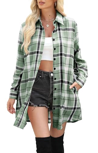 Womens Buffalo Plaid Flannel Shirt Jacket Long Sleeve Collar Button Down Shacket Coats Lightweight Tops