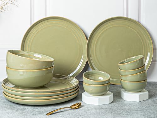 Image of Bodhi House Handcrafted Chip Resistance Porcelain Dinner Set, 14 Pieces Dish Set Serving for 6, Microwave and Dishwasher Safe, Bone-ash Free, Crockery Set for Dining and Gifting, Olive Green