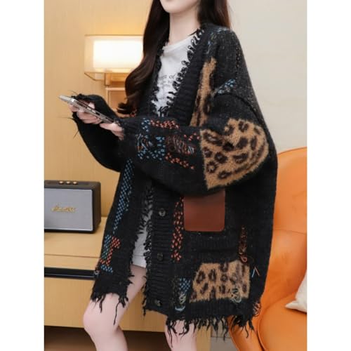 Leopard Patchwork Cardigans Knit Button Up V Neck Oversized Long Sleeve Fall Casual Streetwear Cardigans2