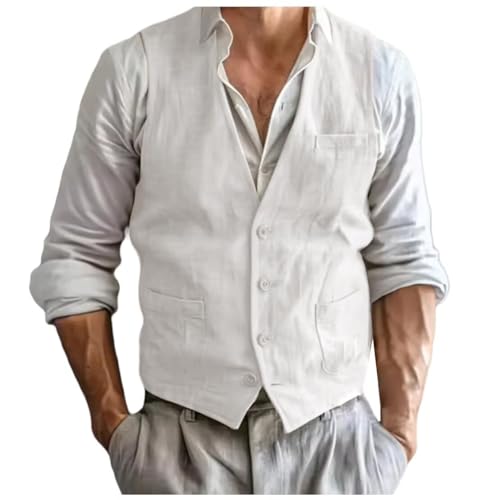 Mens Linen Vest Business Casual V Neck Suit Vest Groom Summer Beach Wedding Party Waistcoat4