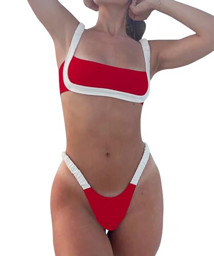 WODECASA Conjunto de Bikini de Dos Piezas para Mujer, Cuello Cuadrado, Corte Alto, Sexy, Traje de baño de Dos Piezas, 151 Rojo, S
